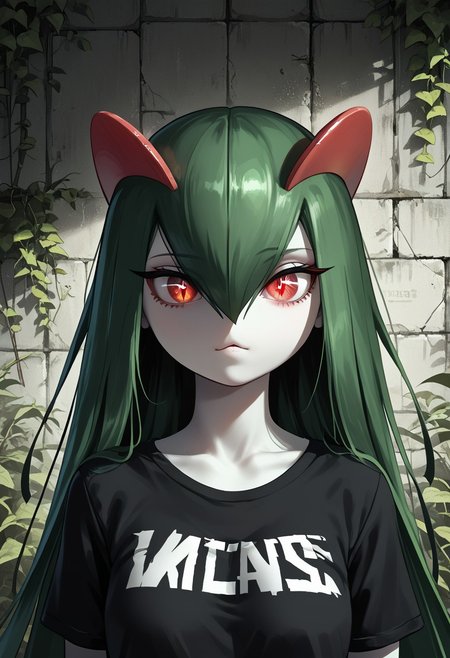(((Kirlia))), female, anthro, pale white skin, score_9,score_8_up,score_7_up, masterpiece, best_quality, ultra-detailed, masterpiece, 1girl, solo, kirlia, black hair, very long hair, red eyes, cute, perfect face, thick eyeliner, hourglass body, high quality, low light, dramatic lighting, darkness, intricate details, portrait, ((face focused)), wearing ripped dirty black t-shirt, detailed background, post-apocalypse background, ruined house, overgrown with plants, (perfect eyes:1.3,((cat pupils))),dvr-lnds-sdxl, combinestyle