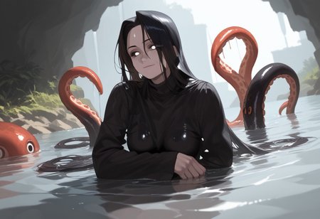 abbystea style, zPDXL2, score_9, score_8_up, score_7_up,  monster girl, beautiful face, tentacles, black body color, long octopus hair:1.2, black body, extremely detailed, skin texture, glistening body, red scales on body, dripping wet body, oiled, long sleeves, white face, black sclera, (shining white eyes), emerging from water, monster body, glossy eyes, arching back, seductive smirk, wicked smile, Expressiveh, mature woman, long hair, fullbody, view from below, dutch angle