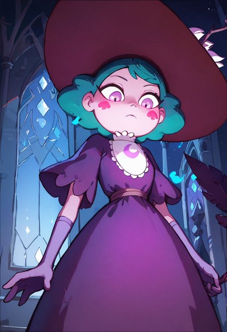 score_9, score_8_up, score_8, Eclipsa Butterfly, green hair, short hair, purple eyes, dark red sun hat with feathers and branch, white cravat, purple dress, light purple gloves, 
upper body, closed mouth, in castle, vivid colors, glowing red spade blush stickers, looking down, from below, night,