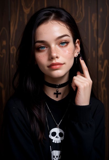score_9, score_8_up, score_7_up. (gothic style one girl, handsome  23 year old gothic girl, black shiny vinyl tights, black platform gothic sneaker, looking at viewer <lora:glowneon_xl_v1:1>, (1girl) standing and smiling and giving two thumbs up, pouting , sleepy eyes, wearing a cozy fuzzy black oversized sweater, dark, mysterious, haunting, super cute girl, smiling, cowboy shot, focus on face ,looking at viewer  extreme dramatic, ornate, gothic themed image , extreme detailed image, digital painting, masterpiece, g0thicPXL, glowing, neon, toon, long slender body, freckles, black lipstick (((shirt print shows a gothic smiley and the text <censored>)),  long legs, extreme ultra detailed perfect eyes, blue eyes, freckles, round face, big eyes, long black hair, black cross tape on mouth , cool pose, (((double thumb-up))) black lipstick, skimpy gen z dress, vinyl pants,  big gothic windows, night , every haunting foggy misty night, full moon,, looking neat, brow up , choker with x sign pendant, expressive "so what" pose, pouting , ((very pale skin, many freckles in face))