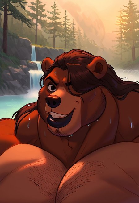 score_7, score_8. score_9, dynamic lighting, detailed background, waterfall background, anthro, furry, bear, amzn_mscles, muscular, headshot, portrait, detailed eyes. detail face
BREAK
Koda, Brother Bear, anthropomorphic bear, Massive Muscles, Massive Deltoids, Massive trapezius, Massive Pecs, extremely hairy, long hair, brown hair, wavy hair, hair covering one eye, wet fur, wet hair, big black lip, giant lip, goatee black lipstick, black eye shadow, hyper muscles, heavy brow, wide jaw, brute face, very long snout, big chin
BREAK
Smirk, smiling at viewer