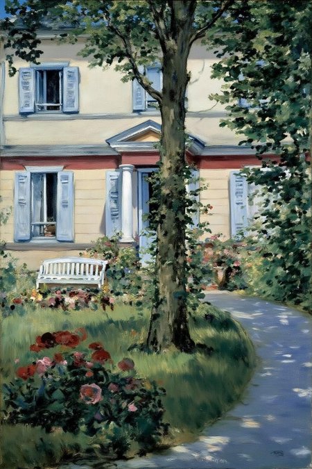 edmanet1 painting.
A sunlit, old two-story house with a beige facade, red accents, and blue shutters. A lush garden in the foreground is filled with vibrant flowers.  There is a small garden in front of the house.  There is a tall tree in front the door.  A narrow path is shown on the bottom right corner, leading to the front door. <lora:edmanet1_cap_d6a3e13:1.0><lora:834765729355163499:0>