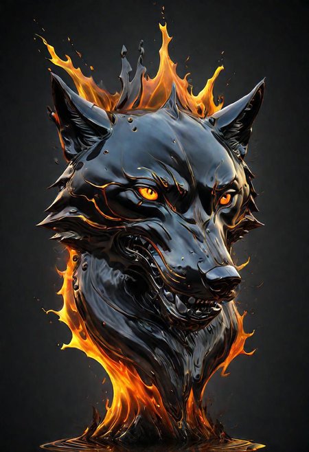(masterpiece))
a wolf head,
HDR, hyper realistic, 
Black goo,
godly auburn light, flames,