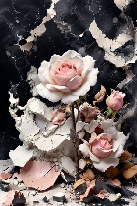 Smoke rose. Broken white plaster. Broken marble. Dirt, Dust. <lora:xl_more_art-full_v1:1> <lora:add-detail-xl:3>  <lora:Linocut_Style:1>