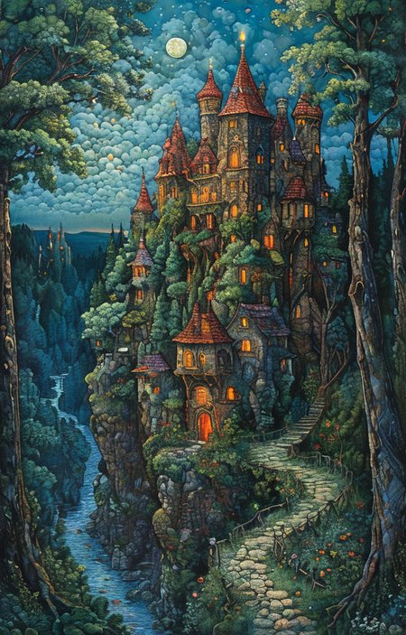 masterpiece,best quality,<lora:tbh179-sdxl:0.9>,illustration,style of David Welker,A strange castle in the forest,