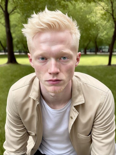 professional photograph, high resolution, 30yo drewsynthxl, portrait, solo, realistic, expressionless, albino,
face focus, from above,
in the park, overcast