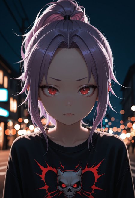 masterpiece,best quality,absurdres,highres,very aesthetic,high quality,detailed,insanely detailed,beautiful,perfect lighting, ,depth of field,blurry background,bokeh, looking at viewer, 
 <lora:Sazanka Illu:1> 1girl, purple hair, parted bangs, ponytail, red eyes, forehead, 
outdoor, street,, night, punk expression,
