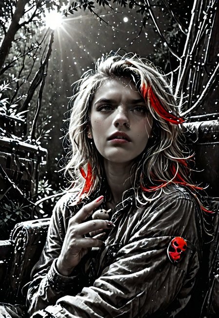 score_9, score_8_up, score_7_up, Realistic, cinematic shot, selective color, monochrome background, 4k, Gadget, side view,
1girl, solo, 
(((Girl in an alien forest tasting a weird fruit, correct hand anatomy, feminine hands, disgusted, revulsed, sitting Indian, dramatic angle, side view, profile, full body shot, focus on fruit))), 

Fruit in hand, bitten fruit, 

blonde, grayscale with red highlights, 18yo, perfect face, stunning, breathtaking face, detailed face, perfect teeth, expressive eyes, extremely cute, medium boobs, round stomach, easynegative, ALRGFC, alluring face, sexy, hetero, flushed, red top of cheek,

Pear-shaped figure, short female, stocky, perfect round butt, wide hips, narrow waist, strong legs, thick thighs, long legs, short torso, narrow shoulders, 

Work clothes, space mechanic outfit, thick cargo pants, midriff, 

Detailed background, alien jungle, alien flowers, alien fauna, lianas, impossible trees, two moons, outdoors, impossible tropical fruit,

pdcUitCU5_, highres, absurdres, in focus, sharp focus, negative_hand,

Stable_Yogis_PDXL_Positives, CyberRealisticPony_POSV1, 