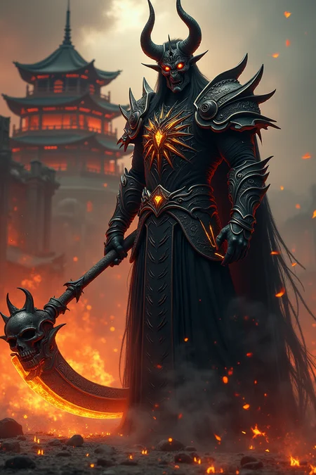A dark overlord wearing intricate black armor, with glowing orange runes and sharp, menacing features. He holds a large, glowing scythe adorned with a skull. The scene is set in a fiery, chaotic environment, with flames and smoke surrounding a traditional Chinese pagoda in the background. The atmosphere is eerie and ominous, with a detailed, high-quality fantasy art style. The dark lord's eyes glow with a sinister light, and his armor has an otherworldly, demonic design, emphasizing his power and malevolence. 