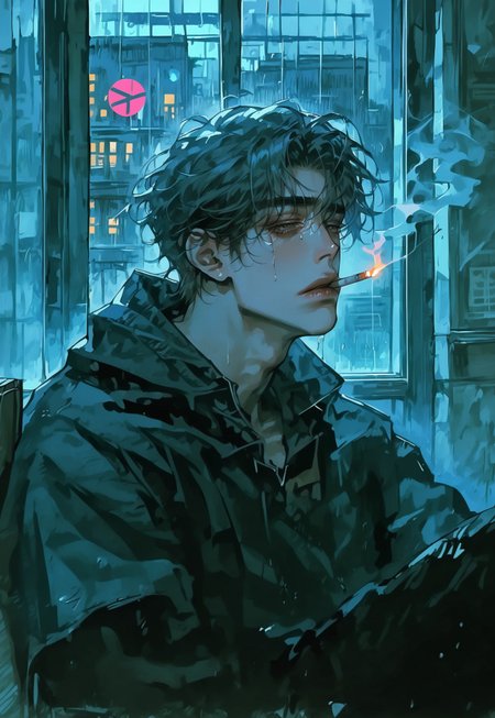 , score_9, score_8_up, score_7_up, score_6_up ,  1boy, sad, broken_heart, sitting alone, near a window, at night, dark, old dilapidated room, depressed, sad, Rainy weather outside the window, anime, source_anime, smoke, smokey room, real life, light beard, cigarette, smoking, mouth hold,