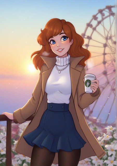 1girl,zPDXL3,aran sweater, black pantyhose, blue eyes, blue skirt, blue sky, breasts, breath, brown coat, cable knit, cloud, coat, coffee cup, cup, daisy, disposable cup, ferris wheel, floating hair, flower, fur-trimmed coat, fur trim, high-waist skirt, holding, holding cup, jewelry, lens flare, light particles, long hair, looking at viewer, multicolored sky, necklace, open clothes, open coat, outdoors, pantyhose, parted lips, pearl necklace, signature, skirt, sky, smile, solo, sunrise, sweater, turtleneck, turtleneck sweater, white flower, white sweater, wind, wind lift, yellow sky <lora:ZOObastik:1>