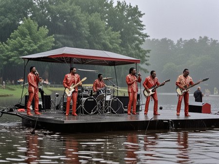 the band "earth wind and fire" playing outdoors on a stage floating on a lake in the pouring rain <lora:add-detail-xl:1>