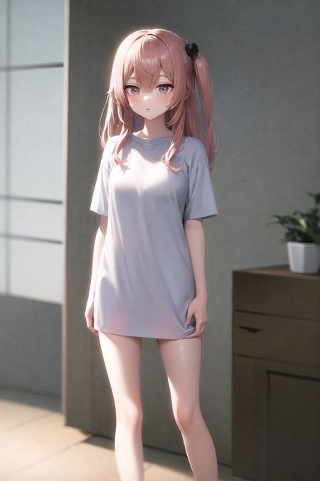 inui sajuna, white t-shirt, bare legs, oversized shirt, standing, 
<lora:sono-bisque_v4.0b:1>, masterpiece, best quality, highly detailed