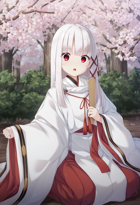 masterpiece,best quality,amazing quality,absurdres,aesthetic,newest,odairisama
kagome \(haison\),1girl, solo, 
open mouth, red eyes, wide-eyed, :o, surprised, 
white hair, absurdly long hair, straight hair, blunt bangs, sidelocks, albino, 
red hair ribbon, x hair ornament, 
white miko outfit, long sleeves, wide sleeves, sleeves past wrists, ribbon-trimmed sleeves, red obi, red hakama skirt, red flower knot, red tassel,
ritual baton, sitting, seiza,
branch, pink flower, plum blossoms,outdoors,spring (season),
 <lora:odairisama_Illust_v1:0.8> <lora:kagome_noob_vpred10_v11:0.85>
