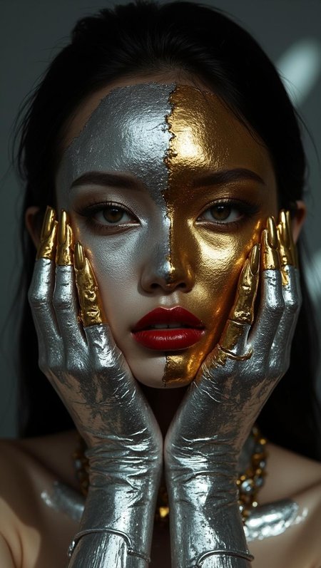 <lora:Dark_Fantasy_Anime-000021.safetensors:1> intricately textured, with subtle shadows cast, capturing light in a lifelike manner. glint subtly in the diffused light filtering, the surrounding environment is meticulously detailed
A woman's portrait with half of her face painted metallic silver and the other half gold, set against a gray backdrop. Her eyes are heavily made up, lips painted red, hands framing her face. A study in contrasts, with an air of sophistication and menace.
