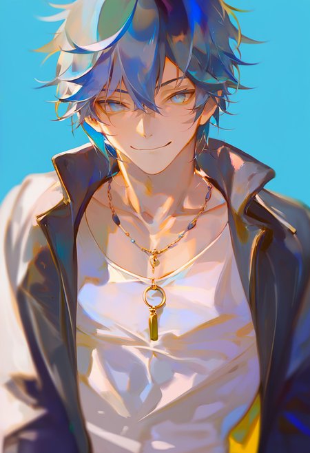 score_9, score_8_up, score_7_up, score_6_up, <lora:rei_XLP6_lokr_V4312:0.95>  1boy, male focus, blue eyes, solo, necklace, black hair, virtual youtuber, jewelry, blue hair, black jacket, multicolored hair, jacket, looking at viewer, smile, hair between eyes, simple background, shirt, collarbone, portrait, blue background, closed mouth, upper body, bangs, streaked hair