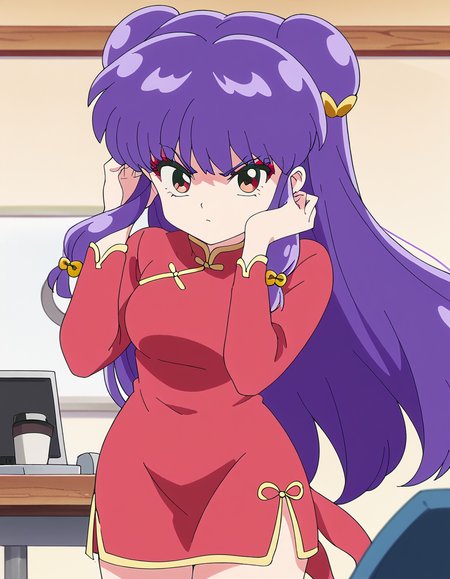 score_9, score_8_up, score_7_up, source_anime, <lora:shampoo-s1-ponyxl-lora-nochekaiser:1>, shampoo, shampoo (ranma 1/2), long hair, hair ornament, red eyes, purple hair, hair bun, double bun, medium breasts, anime screencap,, dress, chinese clothes, china dress, red dress, long sleeves,, home office, working from home, computer screen, coffee cup, focus, deadline, , <lora:tucking-hair-ponyxl-lora-nochekaiser:1>, tucking hair, adjusting hair, hand on own hair, hair behind ear,, looking at viewer, solo,, dutch angle, cowboy shot
