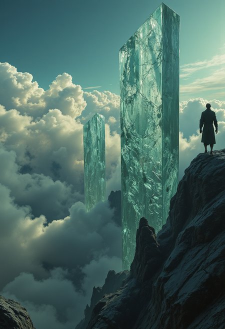 Surreal concept art of a shattered glass sky, with floating islands and a lone figure walking on one of them, realistic lighting and textures, dreamlike atmosphere