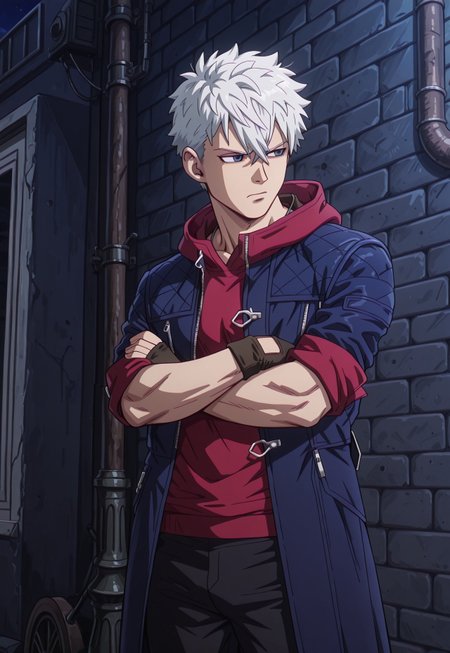 dbstyle, masterpiece, best quality, hyper-Detailed, 1man, solo, male focus, alone, detailed, DMC5Nero ((toned body, fair skin, white hair, hair between eyes, hair over ears, blue detailed eyes,)), ((wearing blue coat with folded sleeves to the elbowl with hood, red sweater, black fingerless gloves, black pants,)), serious, arms crossed, looking away, standing in an alley, night