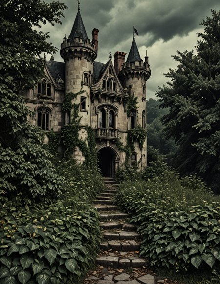novuschroma78 style overgrown abandoned castle where nature has begun to reclaim the stone  <lora:novuschroma78 style:1>, <lora:sdxl_lightning_8step_lora:1>