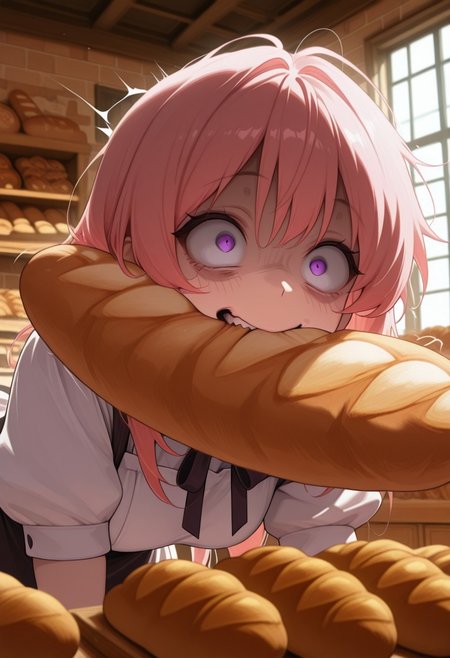 masterpiece, best quality, amazing quality, 1girl, CivChan, purple eyes, pink hair, solo focus, motion lines, upper body, crazy eyes, wide-eyed, constricted pupils, rapid, biting baguette, bak3ry, bakery, indoors, shop, bread, baguette, window, on all fours,