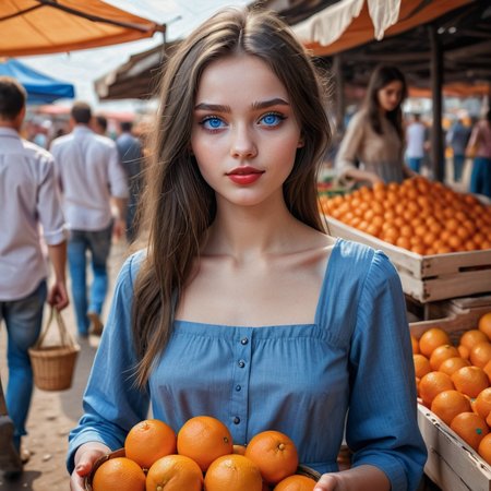 a poor girl at the market, a brunette with blue eyes in a modest dress, sells oranges, an oil painting, a masterpiece<lora:Ann4:0.6>