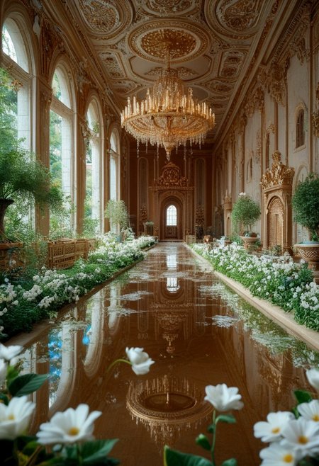 score_9, score_8_up, score_7_up, pmg style, porcelain, gold decorations, garden, floating, palace, multiple floors, flowing, open, white flowers, white marble, realistic, wide lens, detailed, reflective
