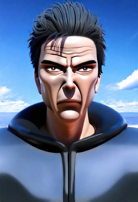 sfw, masterpiece, best quality,absurderes, <lora:HyperIllustrious:1>, 3d,octane render,1boy,solo,cropped,portrait,hyper eyes,frown,brown eyes,outdoors,beach,clouds,sky