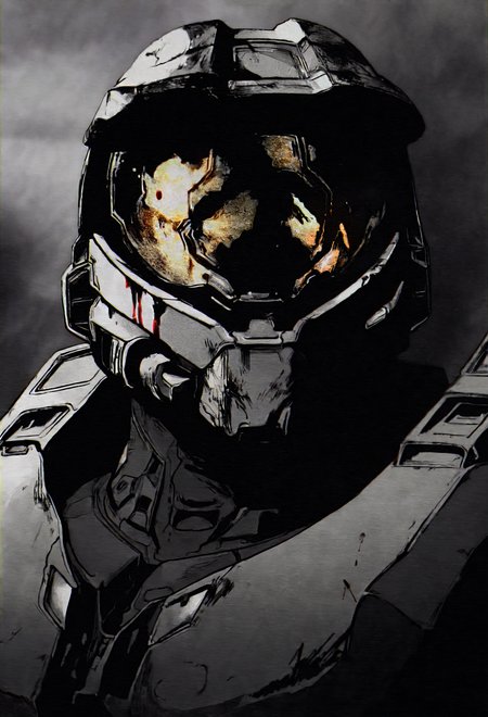 masterpiece, best quality, absurdres, <lora:ArielZuckerBrull-guy90-Illust-Lycorisv1:1>, rbuzra, vhs artifacts, 1boy, solo, <lora:masterchief-halo-richy-v1_ixl:1> masterchief, helmet, visor, power armor, portrait, blood, blood on helmet, monochrome, greyscale, partially colored