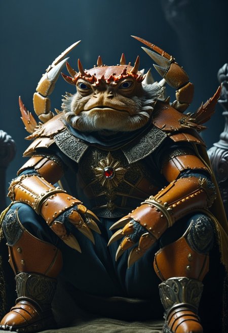 A crab king with a crown on his head sits on a throne <lora:detailed_notrigger:1>
 (8k uhd:1,4)
 <lora:add-detail-xl:1>
(((full clothed)))