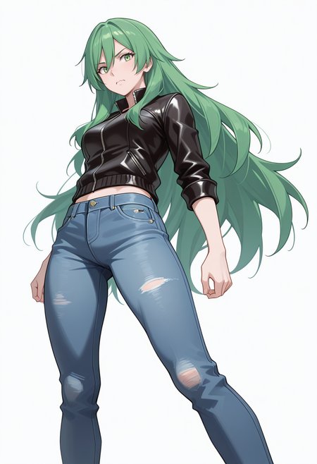Smooth Quality,masterpiece,very intricate, high quality details, ultra realistic, high detailed skin,detailed enviorement,absurdres,
simple background, white background, 
from below,standing pose, arms akimbo, feet slightly apart, determined expression, balanced posture,  ,wavy mouth,
cheongsam top,  ,biker jacket,  ,rolled-up jeans,  ,
 <lora:Misery_cnn:0.8> 1girl, green hair, green eyes, hair between eyes, frown, very long hair, sidelocks,