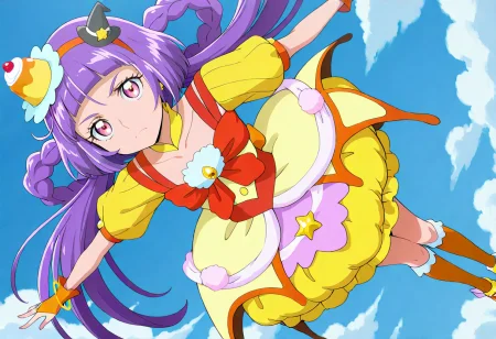 masterpiece, best quality, absurdres, very aesthetic, general,
cure magical, cure magical \(topaz style\), crmgcltopaz, 1girl, solo, purple hair, mini hat, witch hat, purple eyes, mini witch hat, looking at viewer, flying, fingerless gloves, food-themed hair ornament, closed mouth, yellow headwear, shiny hair, yellow skirt, collarbone, blunt bangs, black headwear, floating hair, full body, pink eyes, orange gloves, bubble skirt, tilted headwear, from above, eyelashes, anime coloring, serious, orange footwear, yellow legwear, layered skirt, pom pom \(clothes\), bridal gauntlets, cloud, red hairband, yellow choker, thighhighs, orange legwear, red bow, yellow gloves, blue background, striped, knee boots, very long hair, multicolored clothes, bracelet, ribbon, eyebrows visible through hair, puffy short sleeves, red neckwear, white legwear, pink skirt, star hat ornament, scarf, yellow dress, miniskirt, frown, outstretched arms, expressionless, day, foreshortening, blue sky, multicolored skirt, dutch angle, floating, red bowtie, outdoors, standing, hair bow, orange hairband, orange bow, orange dress, yellow footwear, frills, yellow hairband, pudding hair ornament, twin braids, hair rings, star ornament, whipped cream
<lora:cure_magical_izayoi_liko_illustXL_locon_v1:0.7>
