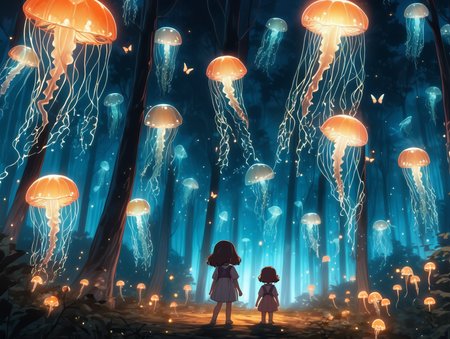 little girl butterfly net in a forest full of luminescent jellyfish trees, raw picture, natural light, night