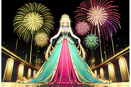 highly insanely detailed, masterpiece, top quality, best quality, highres, 4k, 8k, RAW photo, (very aesthetic, beautiful and aesthetic),  
Ancient Roman Interior Design,RomInt, 
<lora:RomanInterior-10:0>, 
(1girl:1.3), 
1other, 
, 
, 
, 
fireworks,Fireworks_display,Pyrotechnics_show,colorful_explosion,vibrant_show,neon green background,neon yellow background,neon pink background,(colour sequence background:1.4), 
,âââ