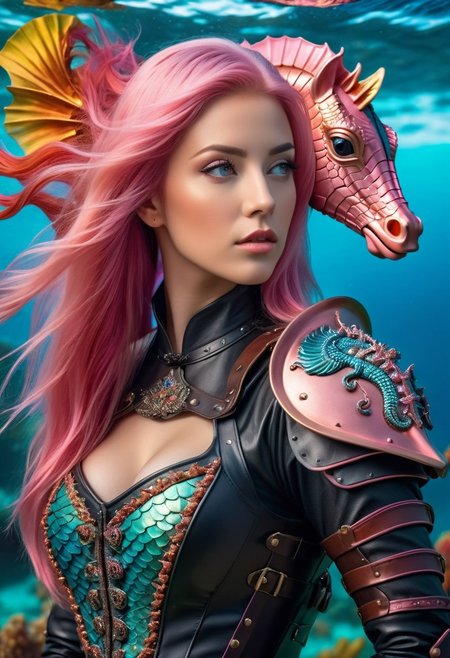 portrait photo of a Young beautiful 
woman With long pink hair wearing 
leather armour, gazes at a colorful sea 
horse floating to the left of her  ,seductive,   (masterpiece) (best quality) (detailed) (8k) (HDR) (wallpaper) (cinematic lighting) (sharp focus) (intricate)