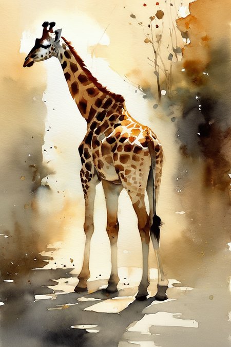Watercolor masterpiece,giraffe,impressionist art painting by Jeremy Mann,Miles Johnston,Alasdair McLellan,Daniel Merriam,Peter Glick,Darius Klimza,spectacular backlighting,perfection,gorgeous art,beautifully lit,dark atmosphere,surreal,ethereal,exquisite detail,brilliant,wonderful,outstanding,amazing colors,mysterious,watercolor wash,<lora:Watercolor _sdxl:0.7>, Watercolor style,