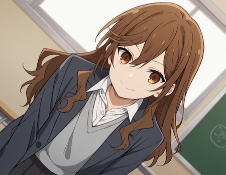 score_9, score_8_up, score_7_up, source_anime,
kyoukohori,  <lora:kyouko-hori-s2-ponyxl-lora-nochekaiser:1>,
kyouko hori, long hair, bangs, brown hair, hair between eyes, brown eyes,
shirt, school uniform, jacket, collared shirt, blazer, sweater, grey sweater, white shirt, black blazer, skirt, black skirt,
indoors, classroom, smile, bent over,
cowboy shot, looking at viewer, solo, dutch angle,