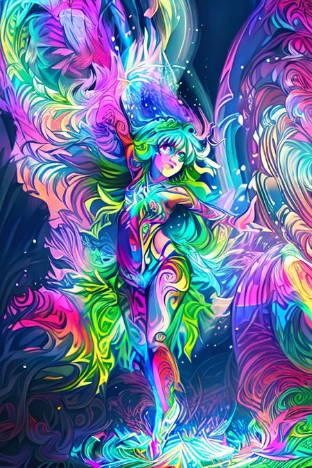 A shaman girl dances in the snow, beats a tambourine. The night sky with the aurora borealis (An image with very contrasting and vivid psychedelic colors) (OverallDetail, DaSa, psychedelic)