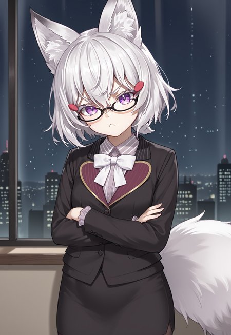 1girl, solo, solo focus, highres, absurdres, LadyMaemi, fox ears, hair ornament, white hair, glasses, animal ear fluff, purple eyes, black-framed eyewear, short hair, hairclip, bangs, hair between eyes, 

white shirt, striped shirt, collared shirt, long sleeves, white bowtie, fox tail, black skirt, pencil skirt, black pantyhose, 

black jacket, suit, 

looking at viewer, head tilt, crossed arms, pout,

indoor, cityscape, neon lights, window, dark, night, night sky, light particles, backlighting, shade,