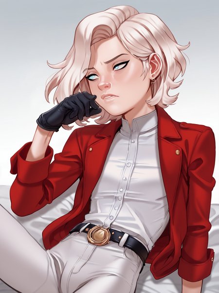 score_9, score_8_up, score_7_up,  score_6_up, BREAK, LilValentina, short hair, blue eyes, white pants, white shirt, red jacket, black gloves, earrings, <lora:Valentina:1>