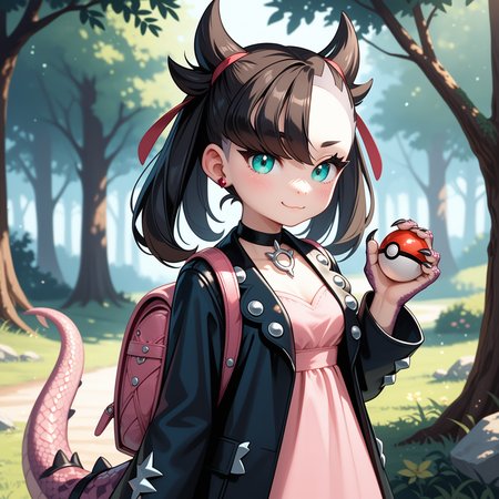 score_9, score_8_up, score_7_up, score_6_up, score_5_up, outside, forest, sunlight through trees, holding pokeball), smug, shy,
(Dragonling, scalie), solo, Marnie_(Pokemon), cute face, (snout), (( dragon)) girl, anthro,  (pink skin, pink tail), aqua eyes, asymmetrical bangs, asymmetrical hair, black hair, hair ribbon, long hair, red ribbon, ribbon, twintails, petite, backpack, bag, black choker, black jacket, choker, dress, earrings, jacket, jewelry, long sleeves, open clothes, pink bag, pink dress, dark pink scales, detailed scales, thick tail, standing, medium natural breasts, horns, scalie arms, dragon hands, vertical pupils, dragon eyes, big eyes, detailed hands, ((five) fingers), posing