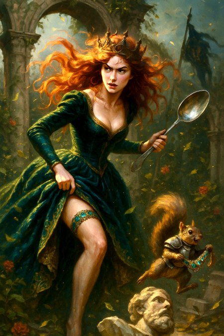 A gusty dusk sweeps through the overgrown courtyard as the wild-mane, flame-haired Forest Queen bursts from crumbling stone arches—only to discover that a cheeky, armor-clad squirrel bandit has made off with her jewel-encrusted garter.  With one elegant hand she hoists the sweeping brocade train of her deep-emerald velvet gown (flashing just enough toned thigh to scandalise the roses), while the other brandishes a ridiculously oversized silver dessert spoon like a royal saber.  Her moss-wrought bronze crown tilts rakishly as she lunges after the pint-sized thief, crimson curls and filigree skirt swirling in a tornado of fluttering ivy leaves and golden pollen.  In the background, moth-eaten battle banners whip against ancient pillars; in the foreground, the squirrel hurtles across a toppled marble bust, triumphant squeak frozen in mid-air.  Dramatic rim-lighting carves every velvet fold and lock of hair, emerald and burnished-gold colour palette shimmers with high-gloss highlights, depth-of-field pulls sharp focus to her fierce smirk and the stolen garter glittering like forbidden treasure.  Hyper-real painterly style, cinematic chiaroscuro, 2:3 vertical aspect—equal parts Arthurian grandeur, Vogue cover glamour, and Monty Python absurdity, delivering a sexy, hilarious, utterly “did-that-just-happen?!” visual punch