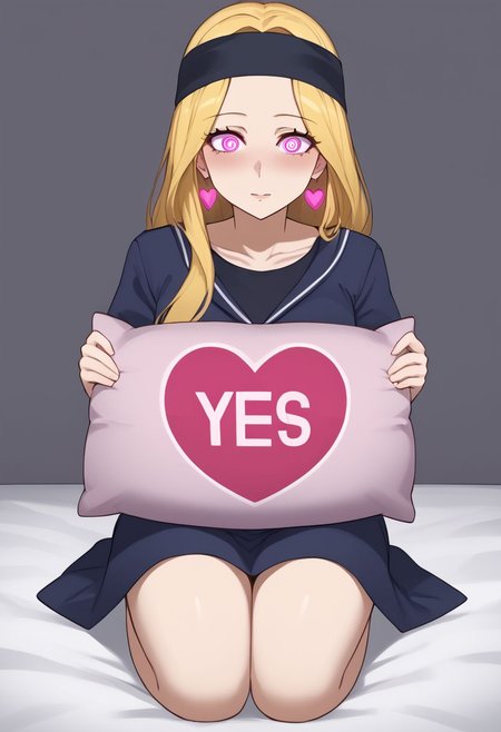 Chihaya hypnotized to agree,
score_9, source anime, lewd, 1girl,
mind control, hypnotized, mind control earrings, glowing earrings, slack jaw, blank stare, expressionless,
yes, yes-pillow,  heart, pink pillow, yes-no pillow, on bed, kneeling,
chihayap5, very long hair, blonde hair, headband,