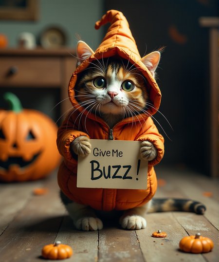 a beautiful frajola cat, trick-or-treating breaking the jugs of the house, broke the tv, tore the carpet, knocked down the computer, asking with that cute and irresistible look, with a sign showing to the public, : give me buzz to fix this!,