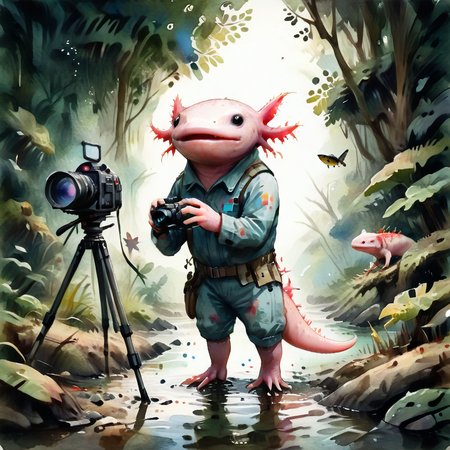 axomodelxl, axolotl as a wildlife photographer, capturing images of endangered species, jungle setting, (watercolor style)