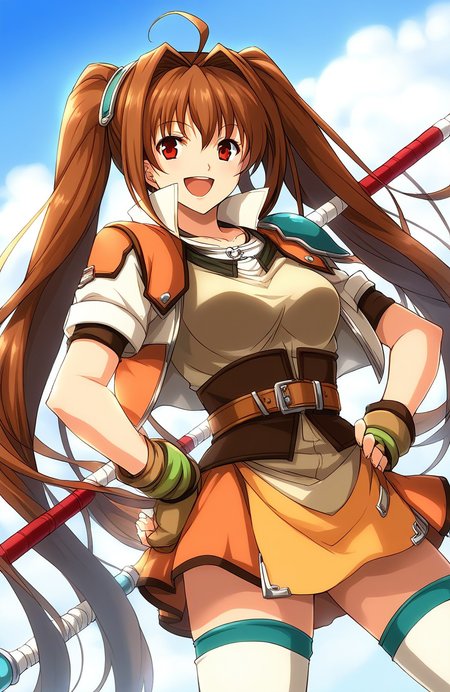 score_9, score_8_up, score_7_up, source_anime, rating_explicit, BREAK  <lora:Estelle_Bright_XL:1> Estelle_Bright, brown hair, very long hair, twintails, ahoge, red eyes, hair intakes, medium breasts,
1girl, solo, thighhighs, staff, skirt, orange skirt, gloves, fingerless gloves, weapon, smile, belt, zettai ryouiki, miniskirt, hand on hip, open mouth, shirt, armor, jacket, jewelry, cropped jacket, bracelet, 
day, sky,
smile,
looking at viewer, 
cowboy_Shot,