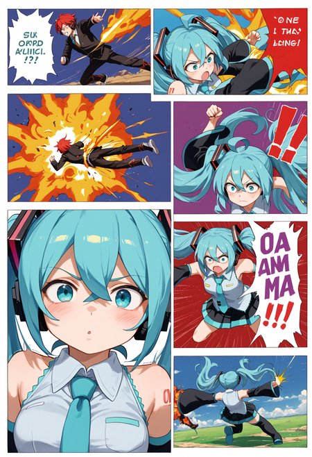 score_9, score_8_up, score_7_up, score_6_up, score_5_up, score_4_up, anime source, 
 <lora:DBBattle_Pony_V2:1>DBBattle, (duel:1.25), (comic:1.25), battle, emphasis lines, speed lines, motion lines, !?, !!, style parody, 
Frame, Text, English Text, speech bubble, trembling, focus line, vibrating line, comic expression, Sound effect, 
1 girl,  girl forcas, 2+ boys, Monster Boy, Creature Boy, Mutant Boy, 
 fighting stance, aura, flying, 
injury, torn clothes, 
cloud, cloudy sky, day, 
((explosion)), 
mikuhatsune, <lora:miku-hatsune-ponyxl-lora-nochekaiser:0.5>,
miku hatsune, ahoge, aqua eyes, aqua hair, crossed bangs, hair between eyes, hair ornament, headphones, long hair, twintails, mature female,
aqua necktie, black footwear, black skirt, black sleeves, boots, collared shirt, detached sleeves, grey shirt, necktie, pleated skirt, shirt, skirt, sleeveless, sleeveless shirt, thigh boots, tie clip,