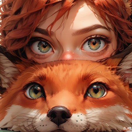 [~~~~ Note: Civitai does not show loras used in a ComfyUI workflow, and there is no way to manually add them. ~~~~] score_9, score_8_up, score_7_up, score_6_up, score_5_up, score_4_up,  animalclose-up, girl, solo, red fox,  boy has red hair and green eyes, fox has brown eyes, mouth covered,