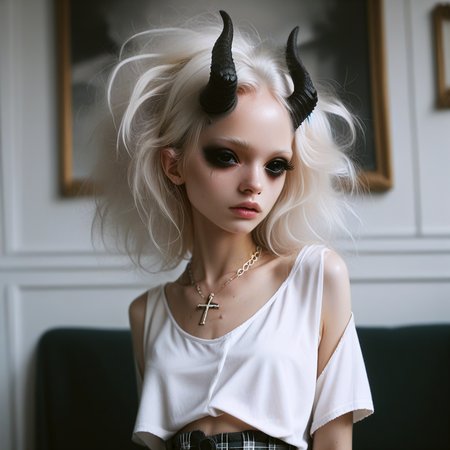 score_9_up, score_8_up, score_7_up, (masterpiece), (best quality), (ultra-detailed), (very aesthetic:1.2), intricate details, perfect composition, absurdres,
1girl, solo, <lora:bdemonpony011:1>, colored skin, pale skin, white skin, black hands, black feet, pitch black eyes, monster girl, skinny, anorexic, slim, horns, white hair,  
chain necklace, cross necklace, bracelets, white shirt and plaid skirt, 
indoors, dark black room, music decorations, 80's punk style, solo,