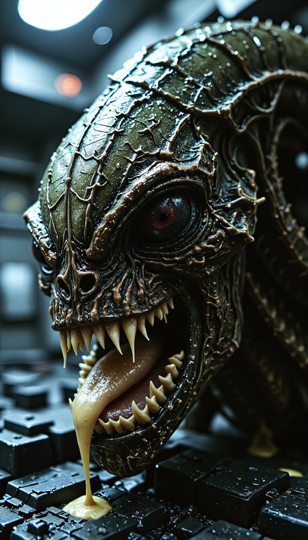 devast8, a cinematic close up of the head of a xenomorph with detailed skin texture, slimey skin, acidic drool, gaping maw, with lighting that highlights the details, the background is a spcaship interior